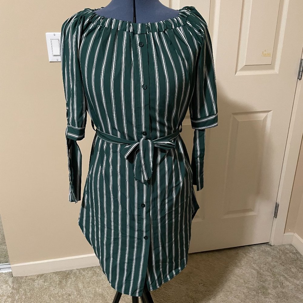 Green And White Striped Off The Shoulder Shirt Dress